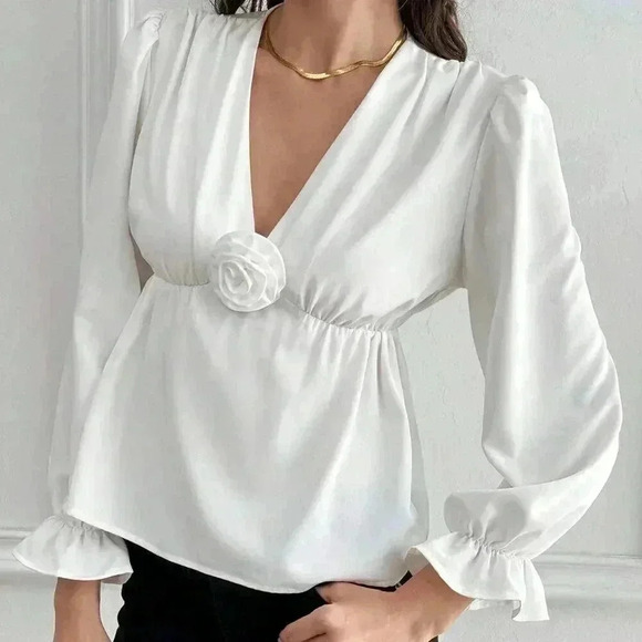 White Casual Women's Solid Color French Style Elegant Loose Fit V-Neck Shirt - Picture 6 of 7